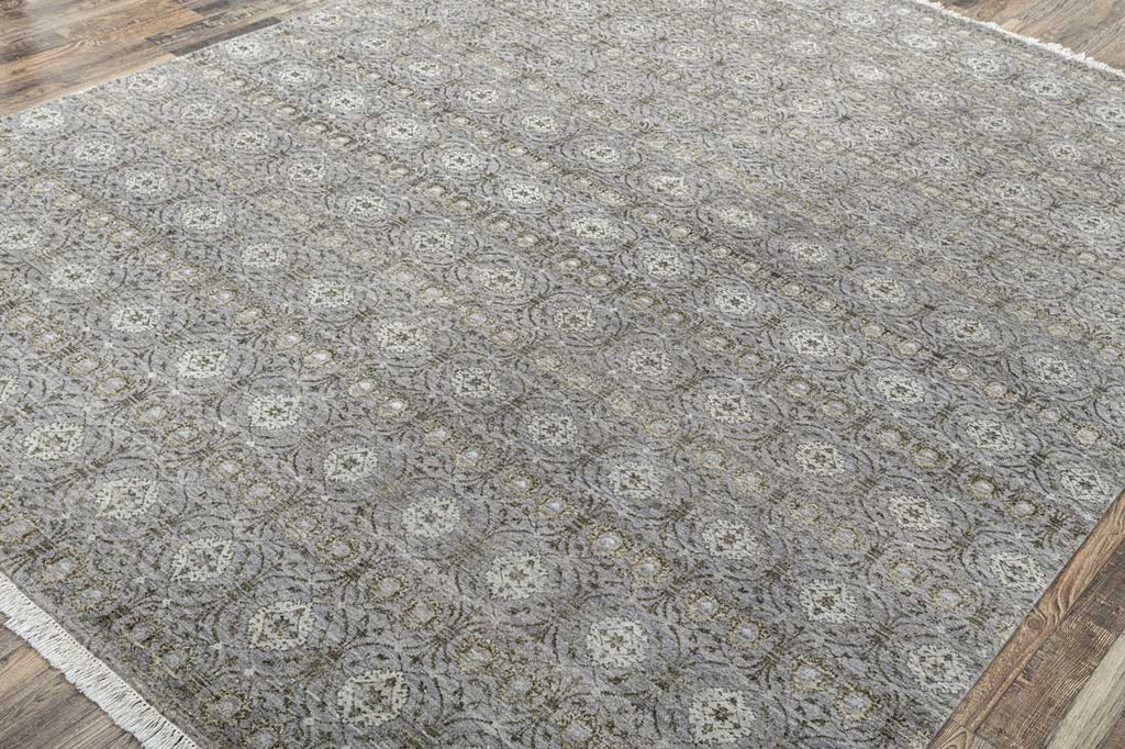 Luxury - Recurrent Grey Green Wool & Bamboo Silk Hand Knotted Premium Carpet