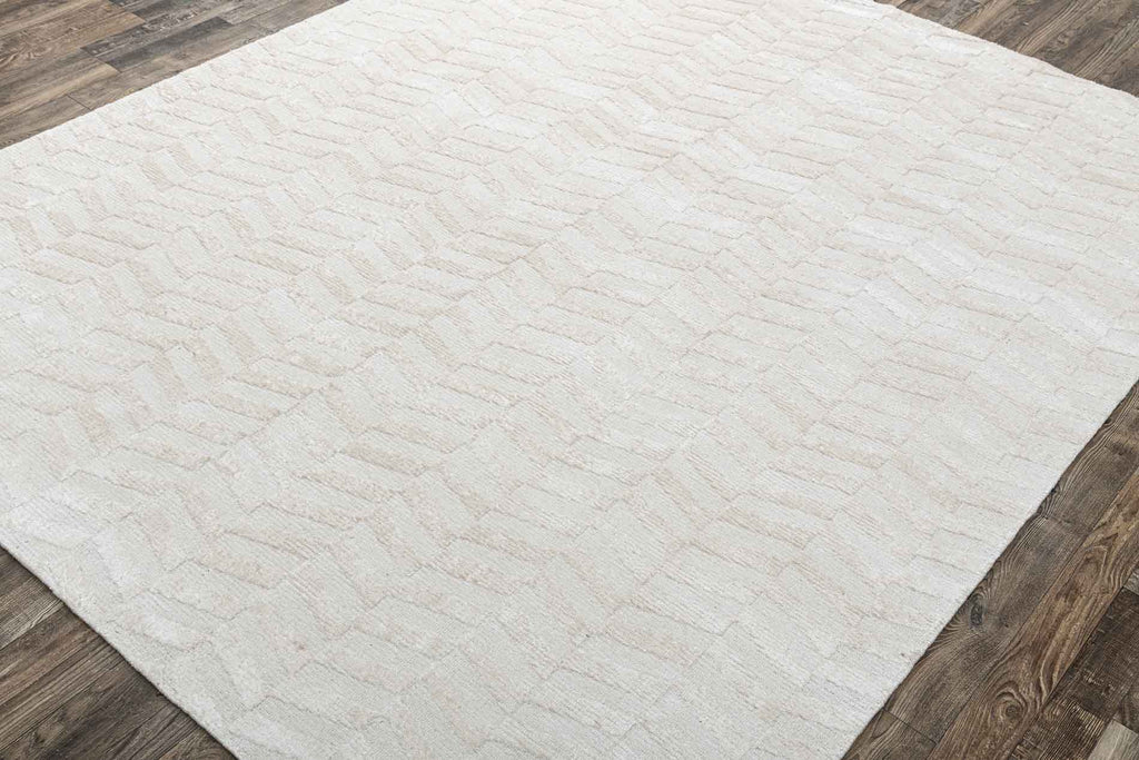 Herringbone White Wool And Bamboo Silk Hand Tufted Carpet