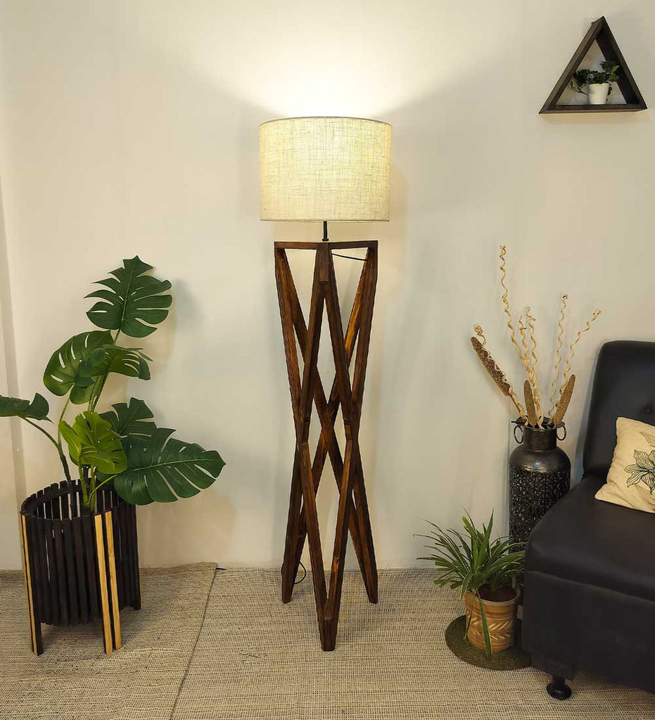 Ignis Wooden Floor Lamp with Brown Base and Jute Fabric Lampshade