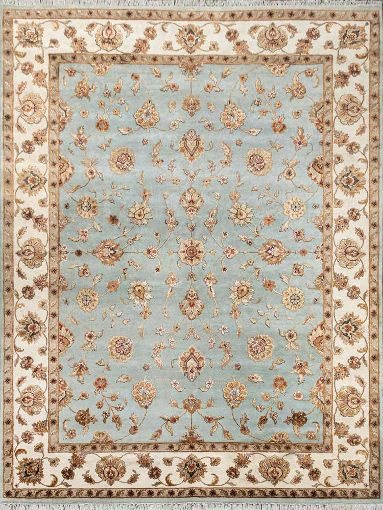 Luxury - Basis Light Blue Ivory Wool & Silk Hand Knotted Premium Carpet