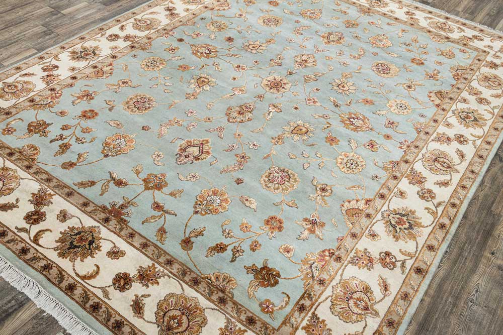 Luxury - Basis Light Blue Ivory Wool & Silk Hand Knotted Premium Carpet