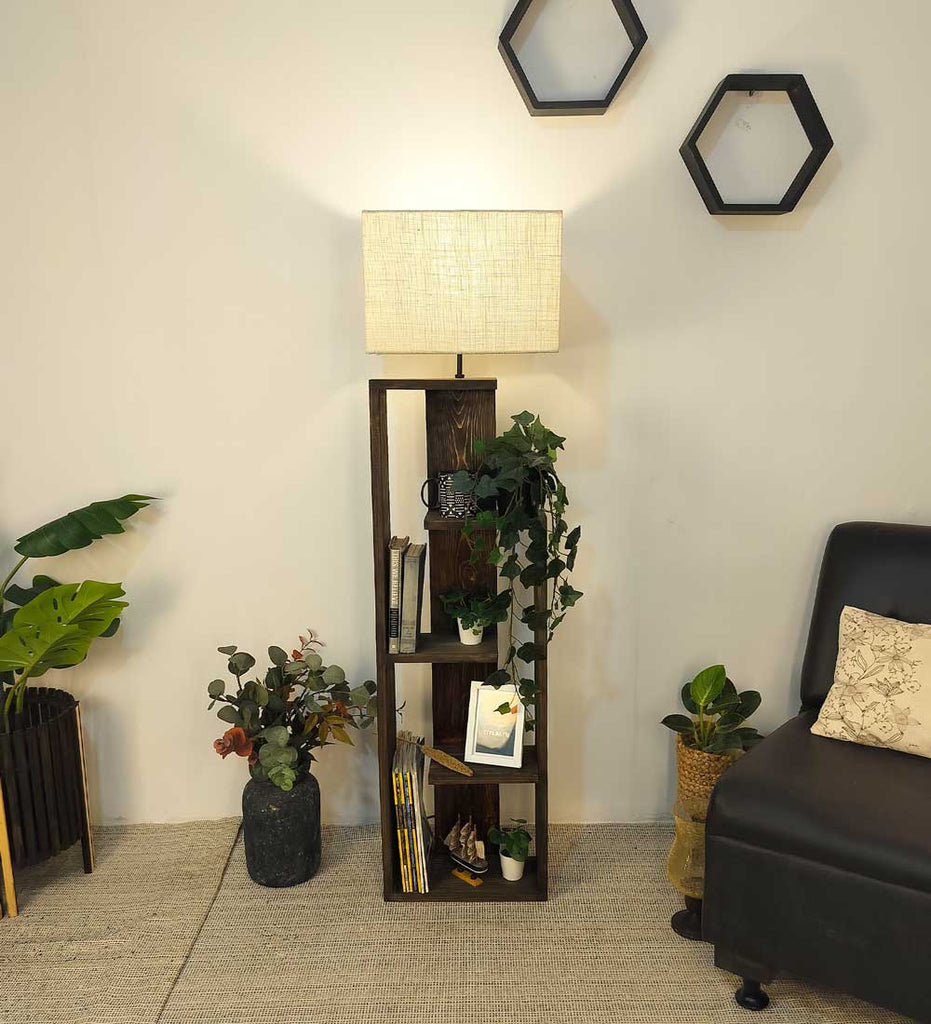 Jordan Wooden Floor Lamp with Brown Base and Jute Fabric Lampshade