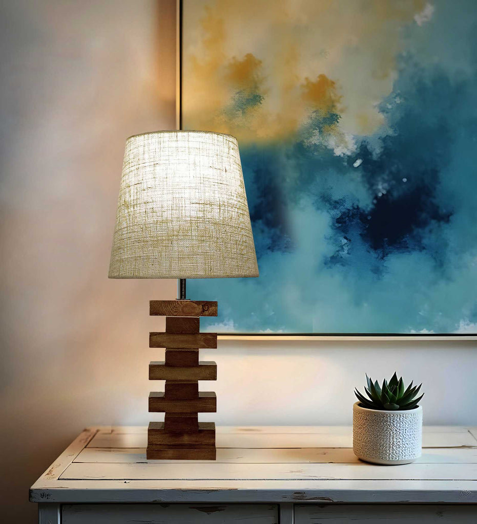 Libra Brown Wooden Table Lamp with White Fabric Lampshade