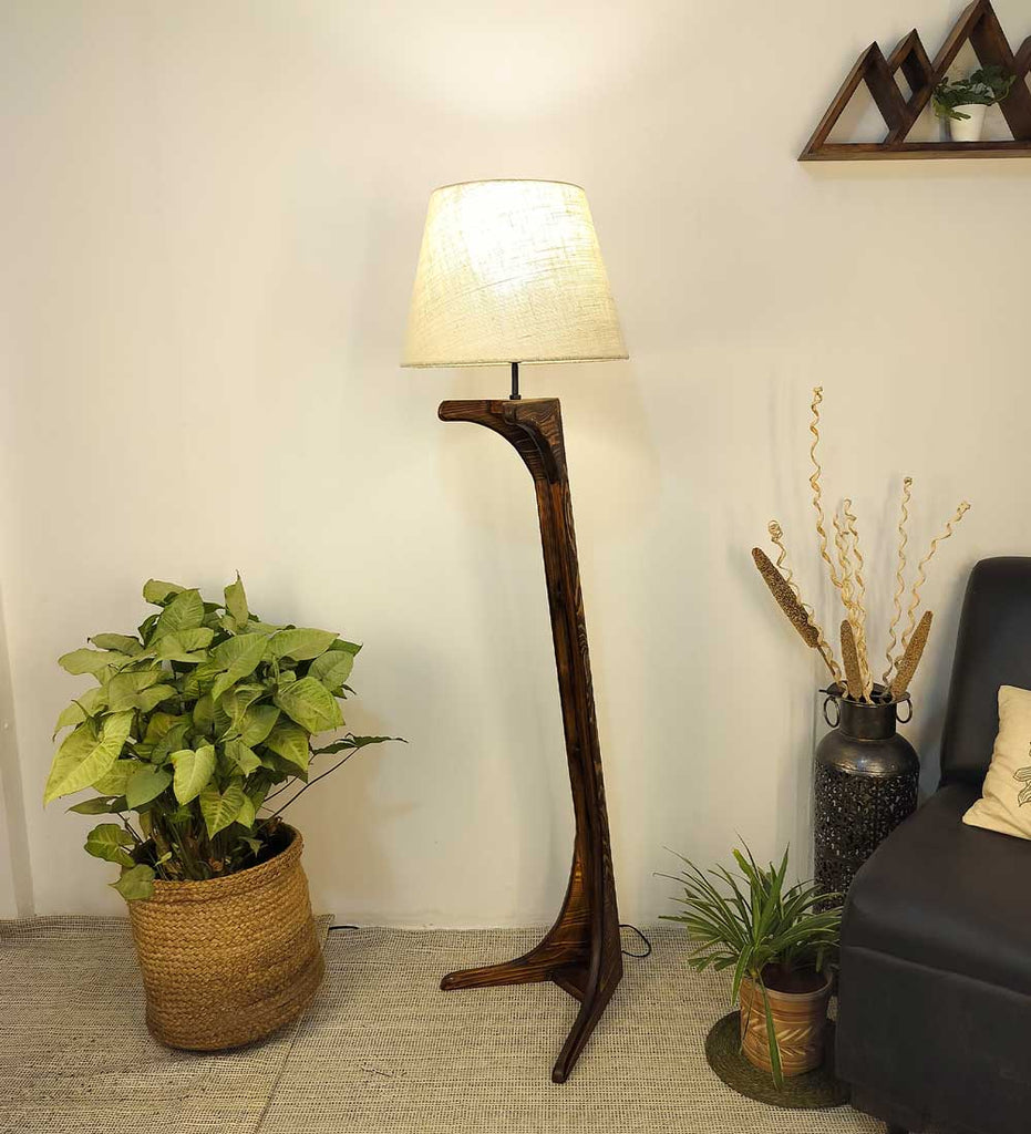 Lucas Wooden Floor Lamp with Brown Base and Jute Fabric Lampshade