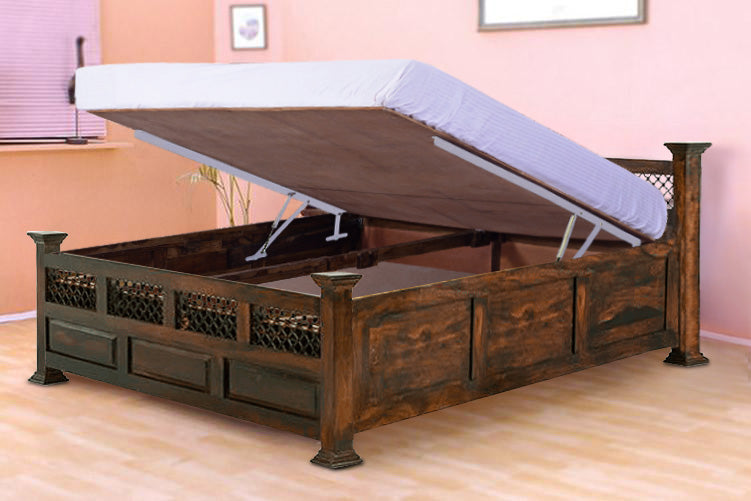Solid Wood Jali Bed with Hydraulic Storage