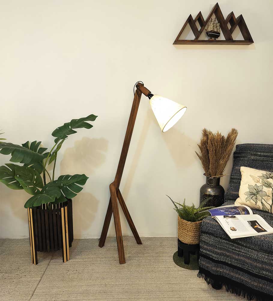 Solid Wood Melman Beige Fabric Lampshade Floor Lamp With Brown Base