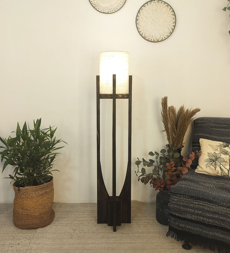 Solitaire Wooden Floor Lamp with Brown Base and White Fabric Lampshade