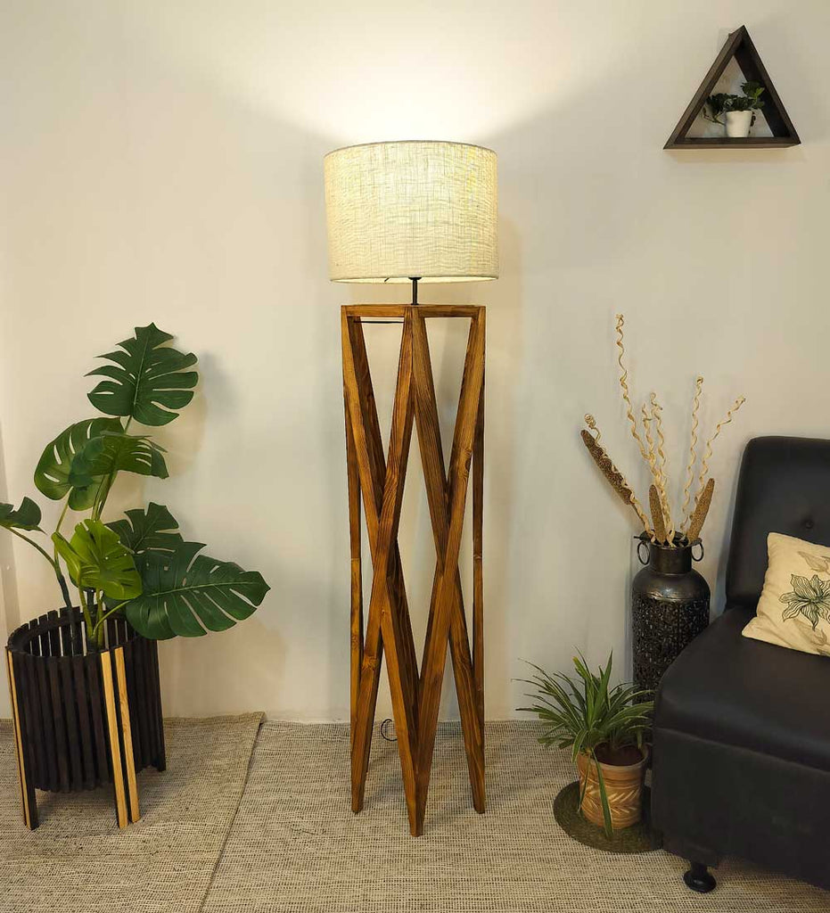 Spectre Wooden Floor Lamp with Brown Base and Jute Fabric Lampshade