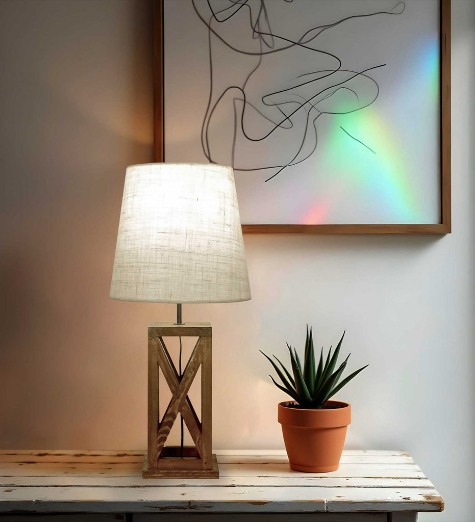 Solid Wood Symmetric Black Fabric Shade Table Lamp With Brown Base