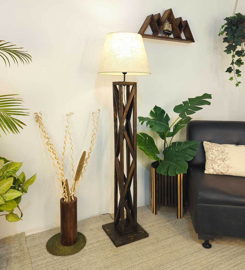 Solid Wood Symmetric Beige Fabric Lampshade Floor Lamp With Brown Base