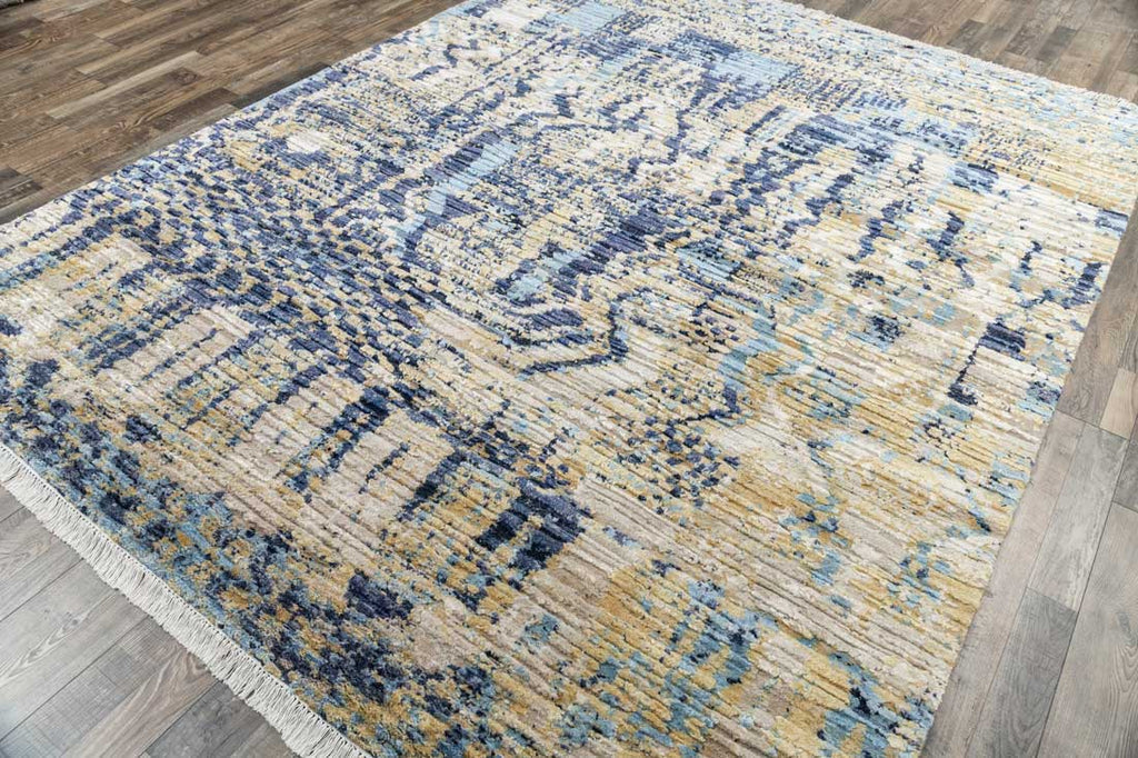 Luxury - Tribal Beige Blue Wool & Silk Hand Knotted Premium Carpet