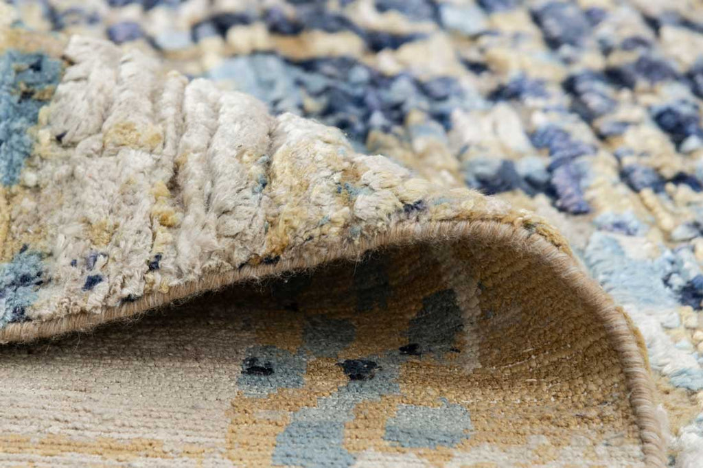 Luxury - Tribal Beige Blue Wool & Silk Hand Knotted Premium Carpet