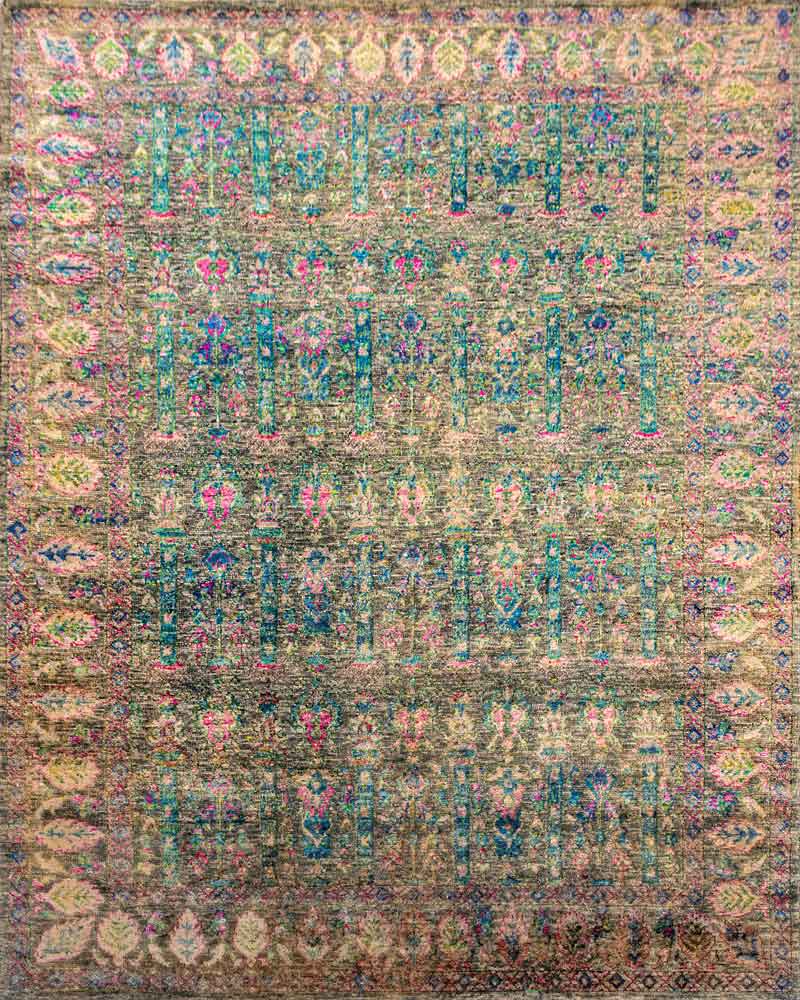 Twine Forest Green Gold 70% Wool & 30% Saree Silk Hand Knotted Carpet