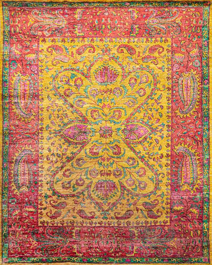 Twine Yellow Pink 100% Saree Silk Hand Knotted Carpet