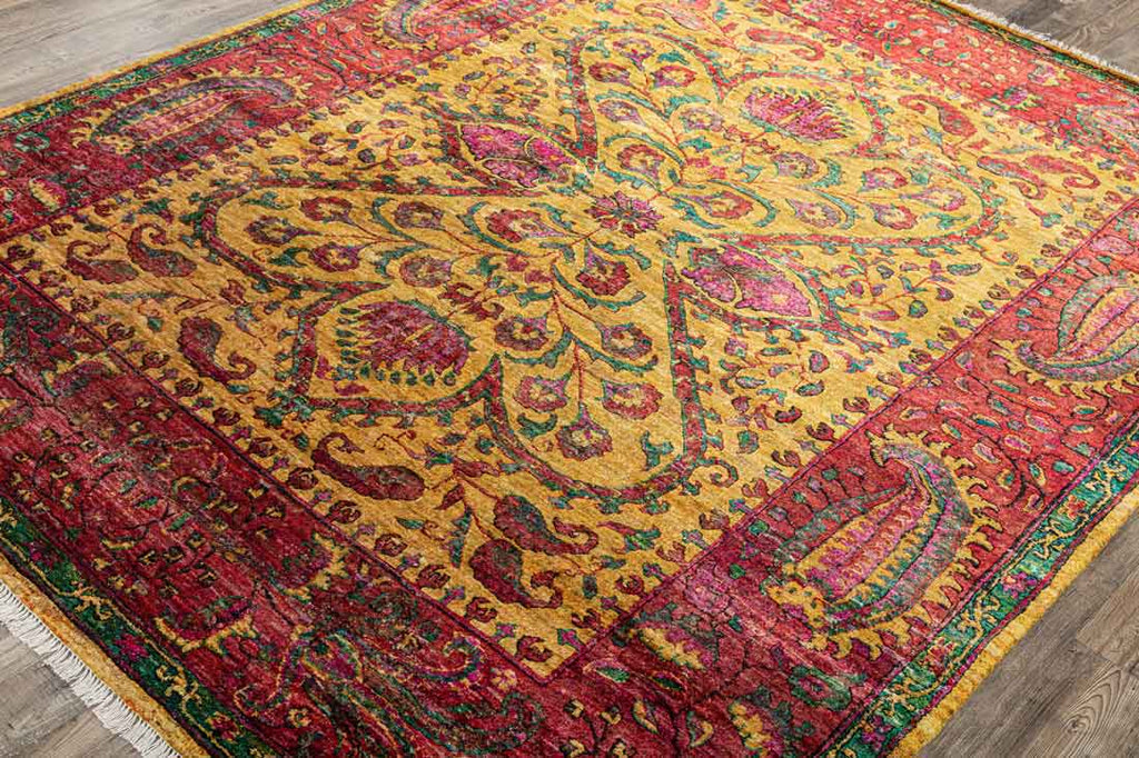 Twine Yellow Pink 100% Saree Silk Hand Knotted Carpet