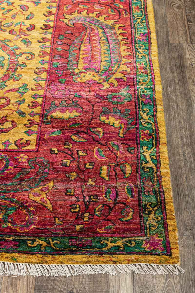 Twine Yellow Pink 100% Saree Silk Hand Knotted Carpet