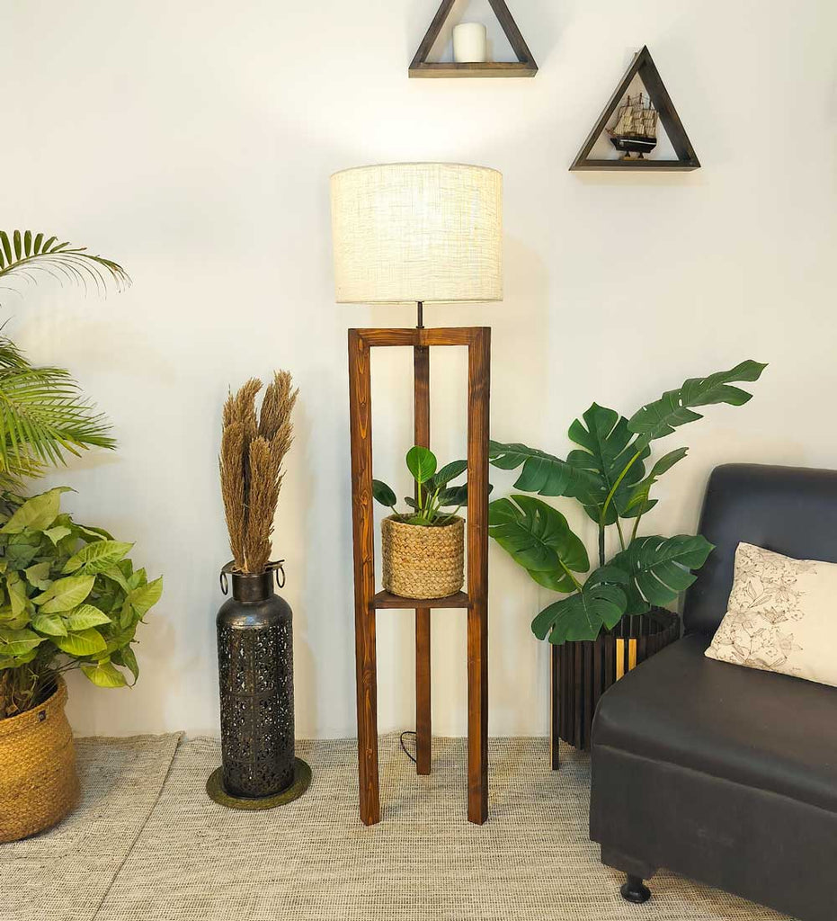 Solid Wood Triad Beige Fabric Lampshade Floor Lamp With Brown Base