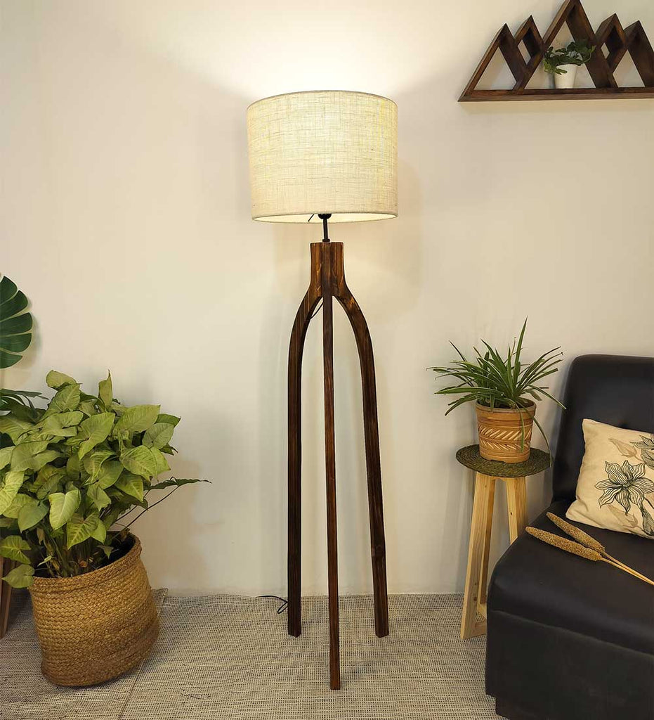 Trilogy Wooden Floor Lamp with Brown Base and Jute Fabric Lampshade