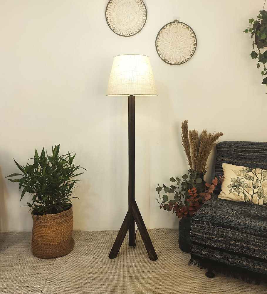 Trinca Wooden Floor Lamp with Brown Base and Jute Fabric Lamp Shade
