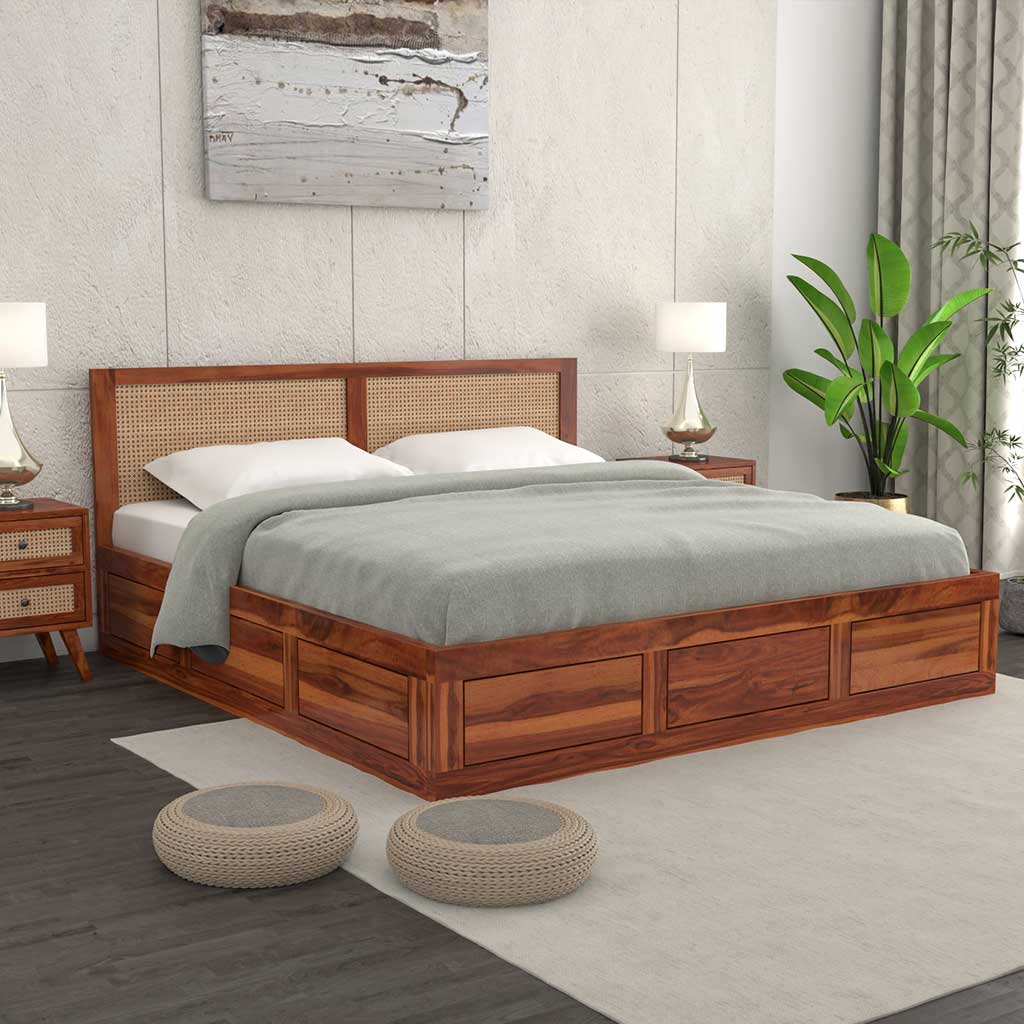 Solid Wood Scane Storage Bed with Artisanal Rattan Headboard