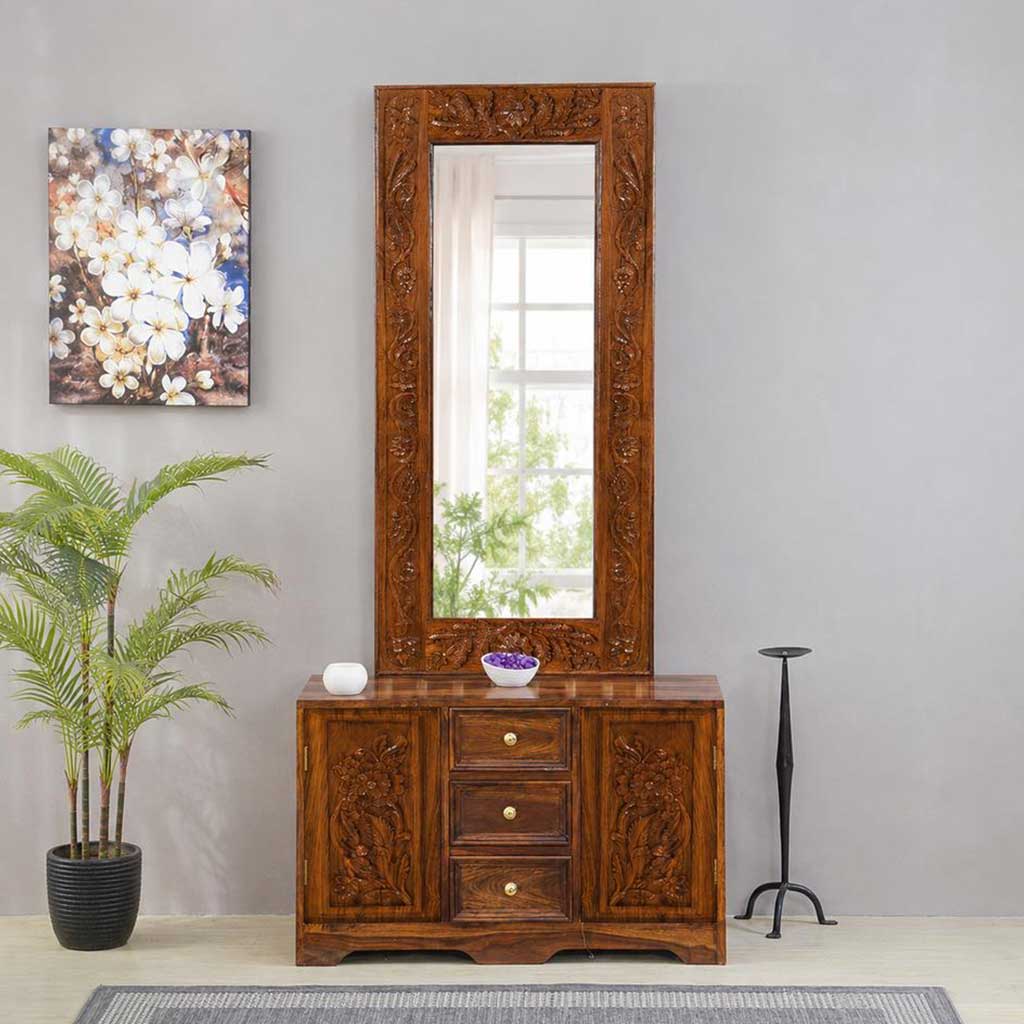 dressing table wood design Buy Solid Czar Carving Online | New Launches Dressing Table | Latest Collections Color:lightsalmon clr-dscrp::DEIRA Noir Black Panelled Mini Simple dressing Finished with care