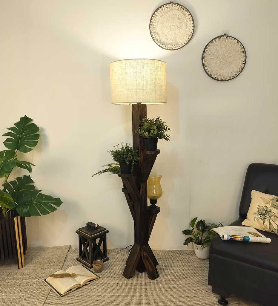 Woods Wooden Floor Lamp with Brown Base and Jute Fabric Lampshade