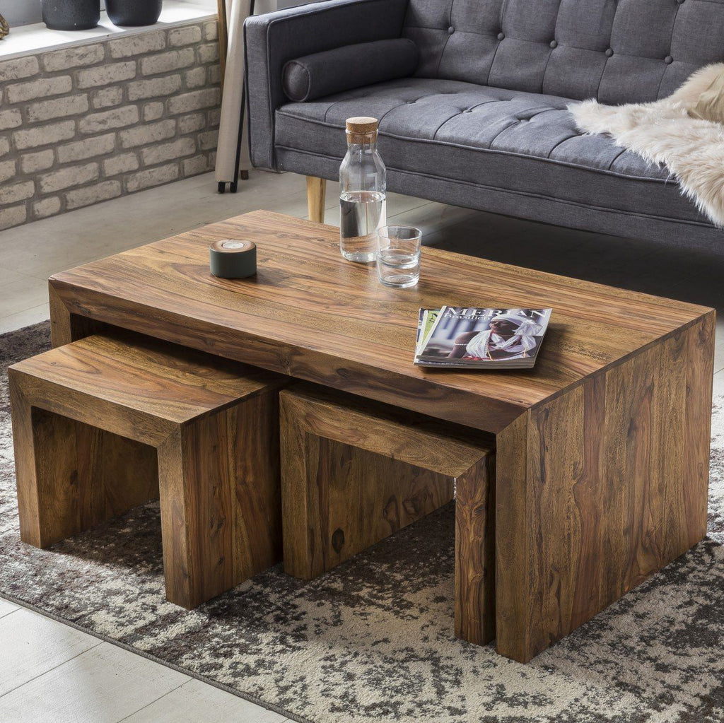 Solid Wood Cube Coffee Table Set of 3 pcs