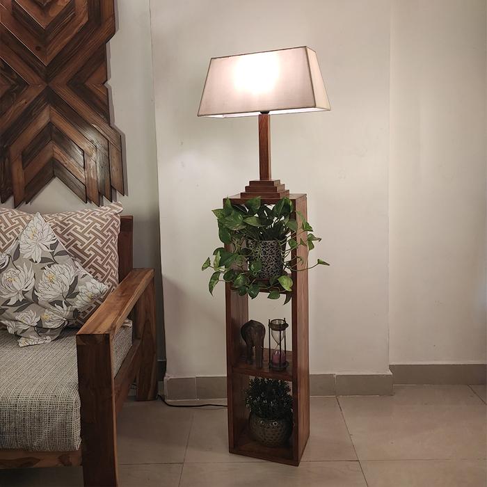Solid Wood Ebenezer Beige Lampshade Floor Lamp With Brown Base