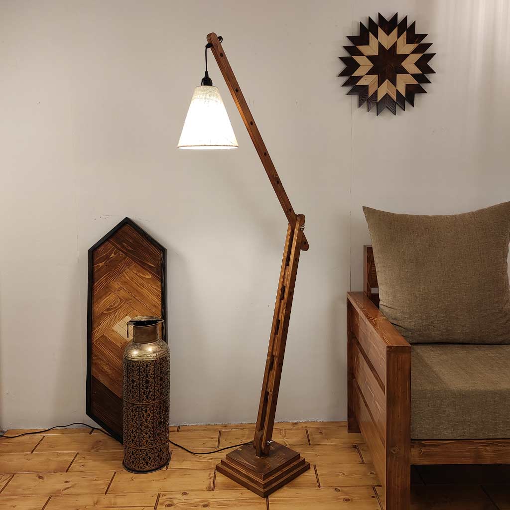 Fisher Wooden Floor Lamp with Brown Base and Jute Fabric Lampshade