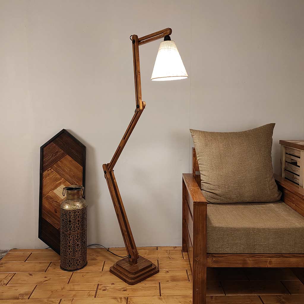 Hydra Wooden Floor Lamp with Brown Base and Jute Fabric Lampshade