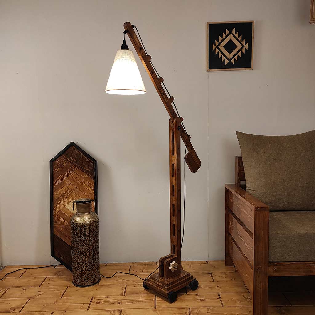 Angler Wooden Floor Lamp with Brown Base and Jute Fabric Lampshade