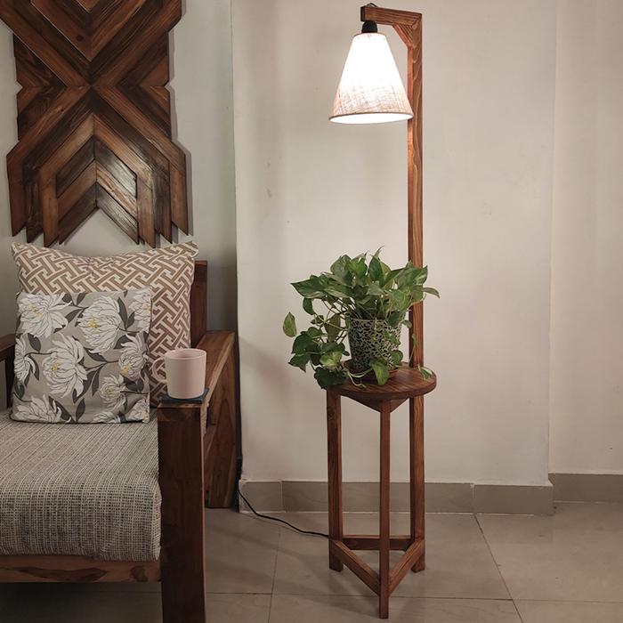Solid Wood Accent Beige Lampshade Floor Lamp With Brown Base