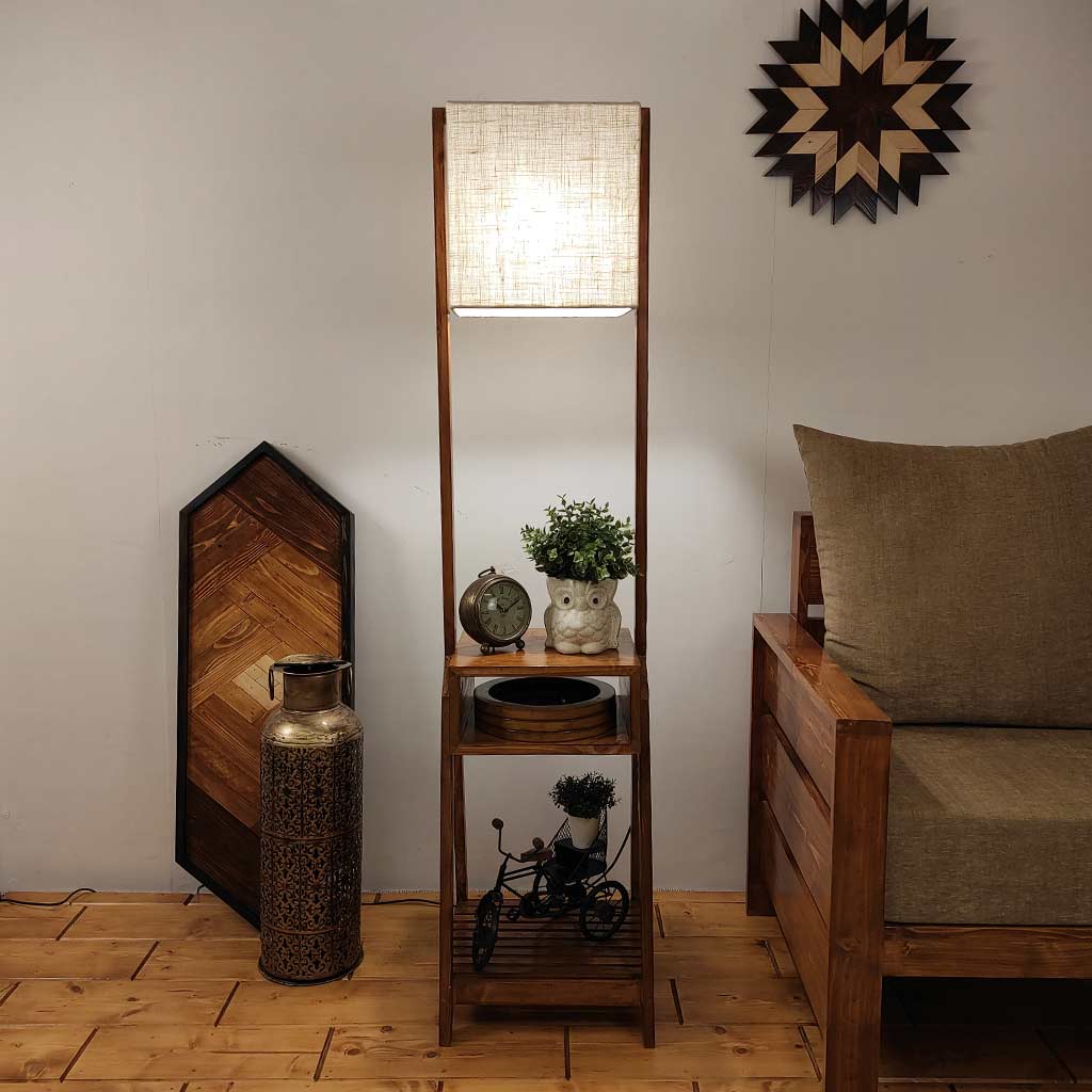 Gabrielle Wooden Floor Lamp with Brown Base and Jute Fabric Lampshade
