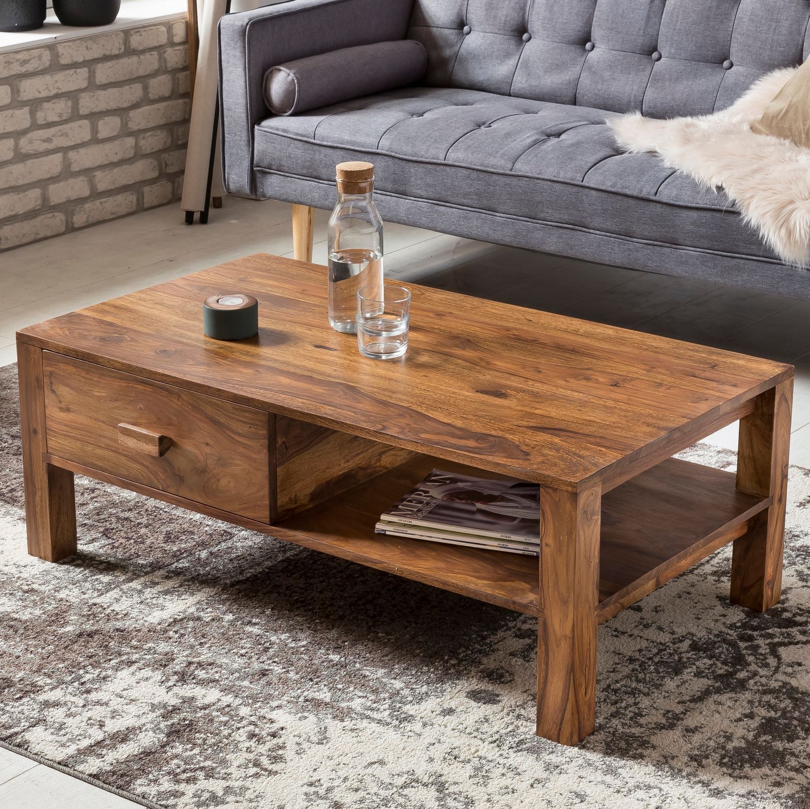 Solid Wood Capital Coffee Table with Shelf Drawer
