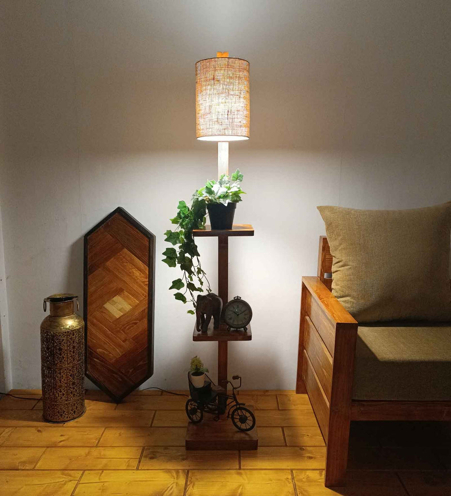 Andre Wooden Floor Lamp with Brown Base and Jute Fabric Lampshade