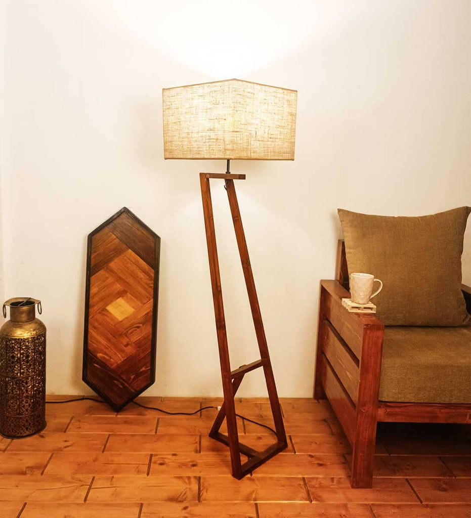 Solid Wood Angular Beige Lampshade Floor Lamp With Brown Base