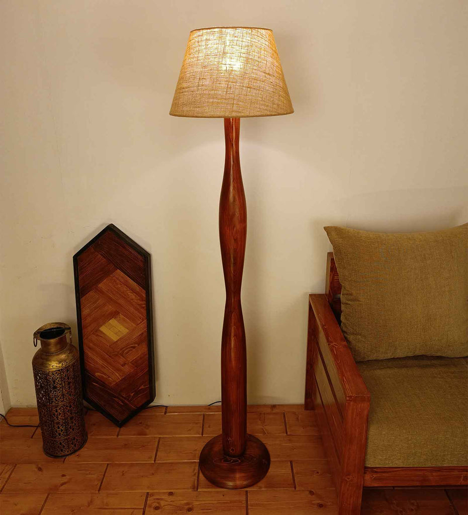 Aristro Wooden Floor Lamp with Brown Base and Jute Fabric Lampshade