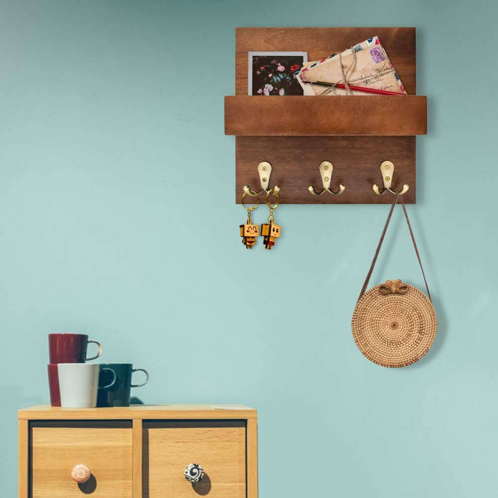 Wooden Key Holder/Wall Shelf in Walnut with Antique Brass Finish Hooks