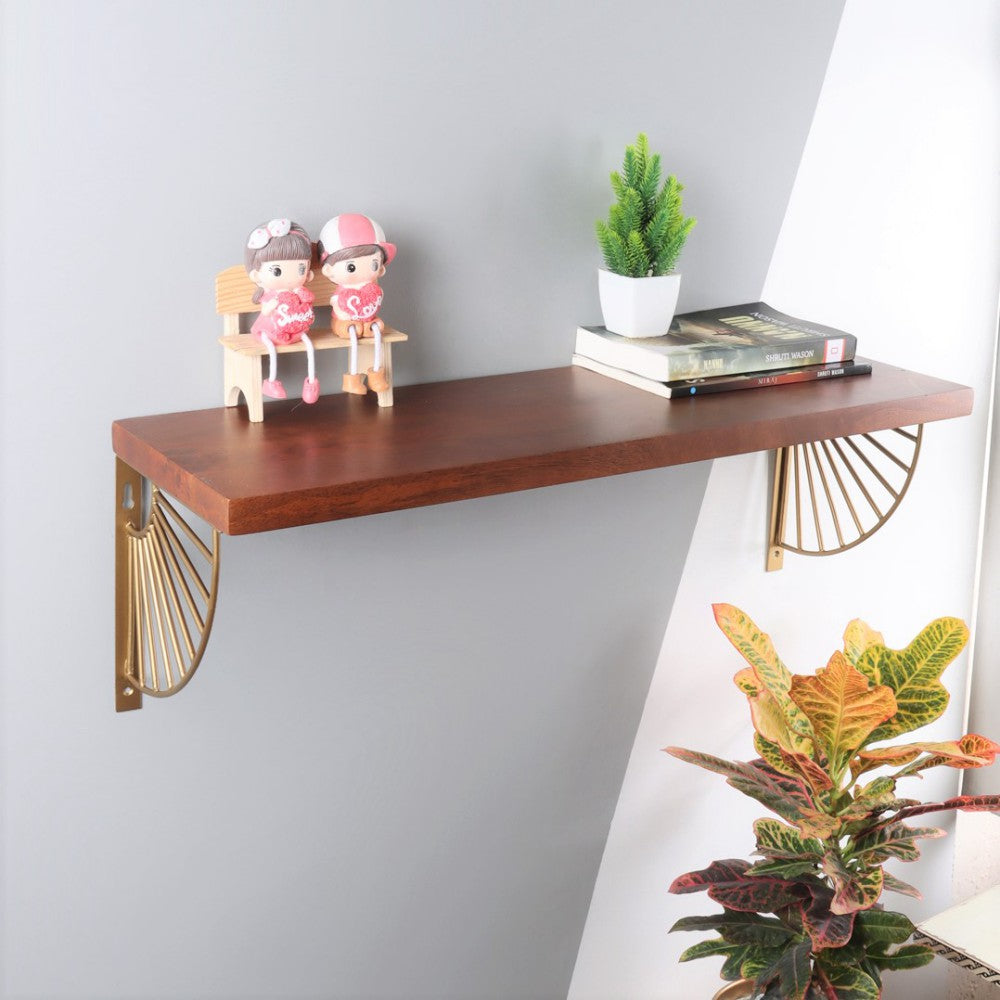 Solid Wood Wall Shelf in Cinnamon with Antique Gold Frames