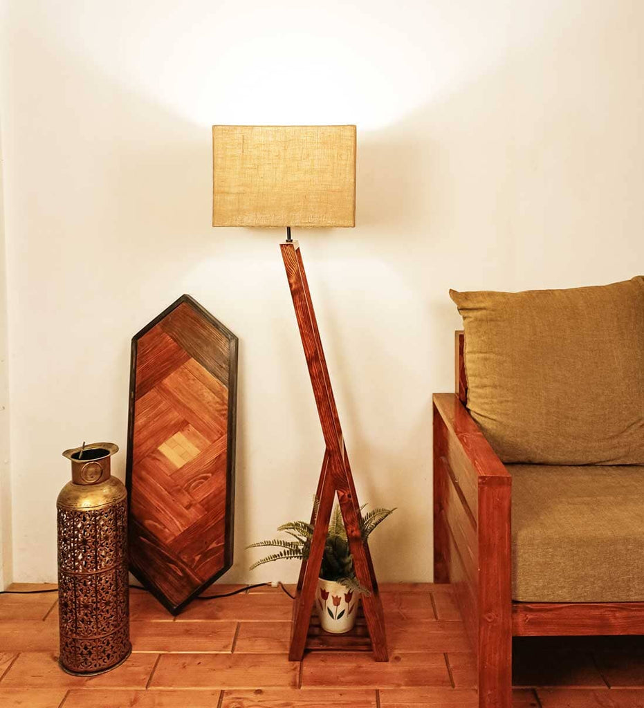 Solid Wood Bezalel Beige Fabric Lampshade Floor Lamp With Brown Base