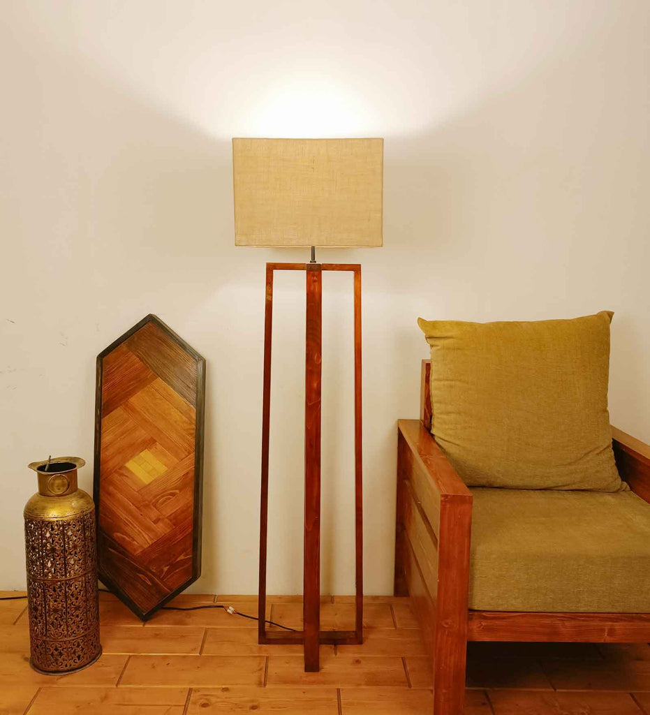 Solid Wood Blender Beige Jute Lampshade Floor Lamp With Brown Base
