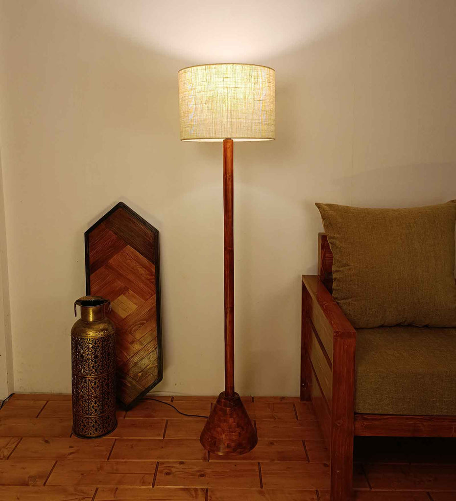 Brice Wooden Floor Lamp with Brown Base and Jute Fabric Lampshade