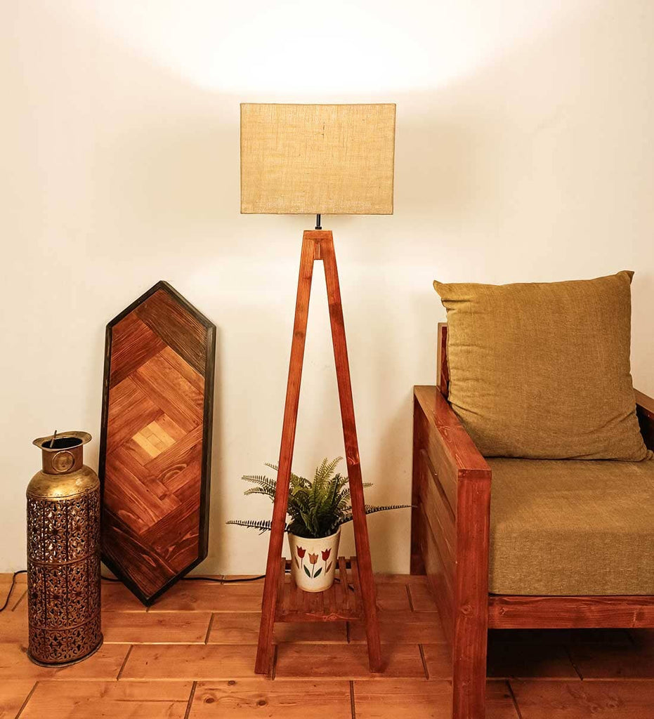 Brielle Wooden Floor Lamp with Brown Base and Beige Fabric Lampshade