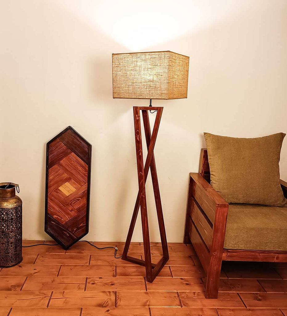 Solid Wood Catapult Beige Lampshade Floor Lamp With Brown Base