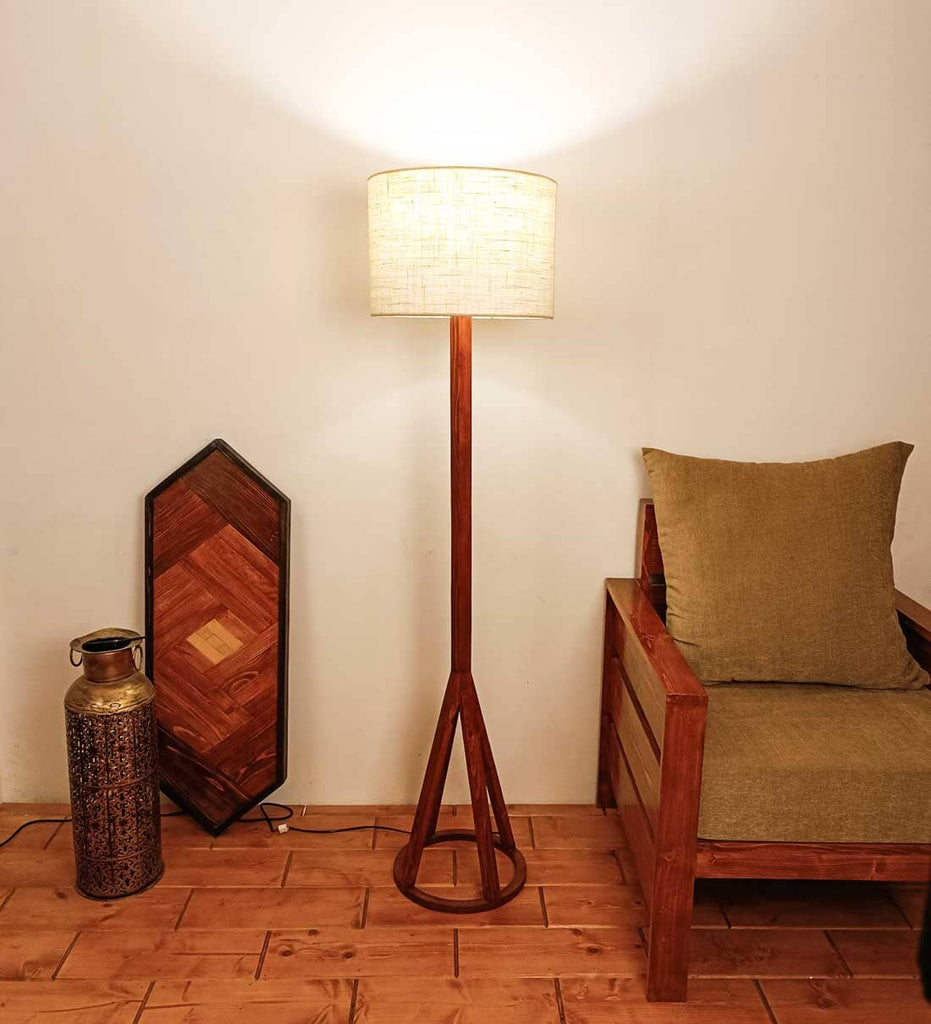 Celine Wooden Floor Lamp with Brown Base and Premium Beige Fabric Lampshade