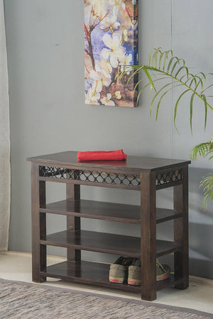 Solid wood jali shoe rack with ventilated design for Indian homes