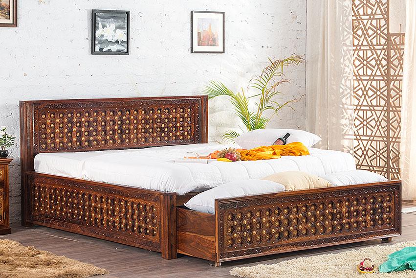 Solid Wood Brass Bed C with DUAL Storage