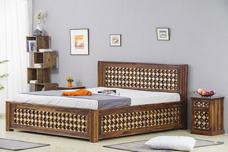 Solid Wood Brass Bed D with Storage