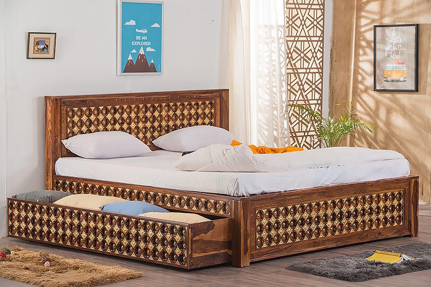 Solid Wood Brass Bed D with Trolley Storage