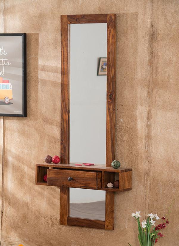 wall hanging dressing table design Modern Floating Dressing Table with Built-in Storage, This image showcases a stylish and space-efficient dressing table design. It features a floating counter with two drawers, blending a white base